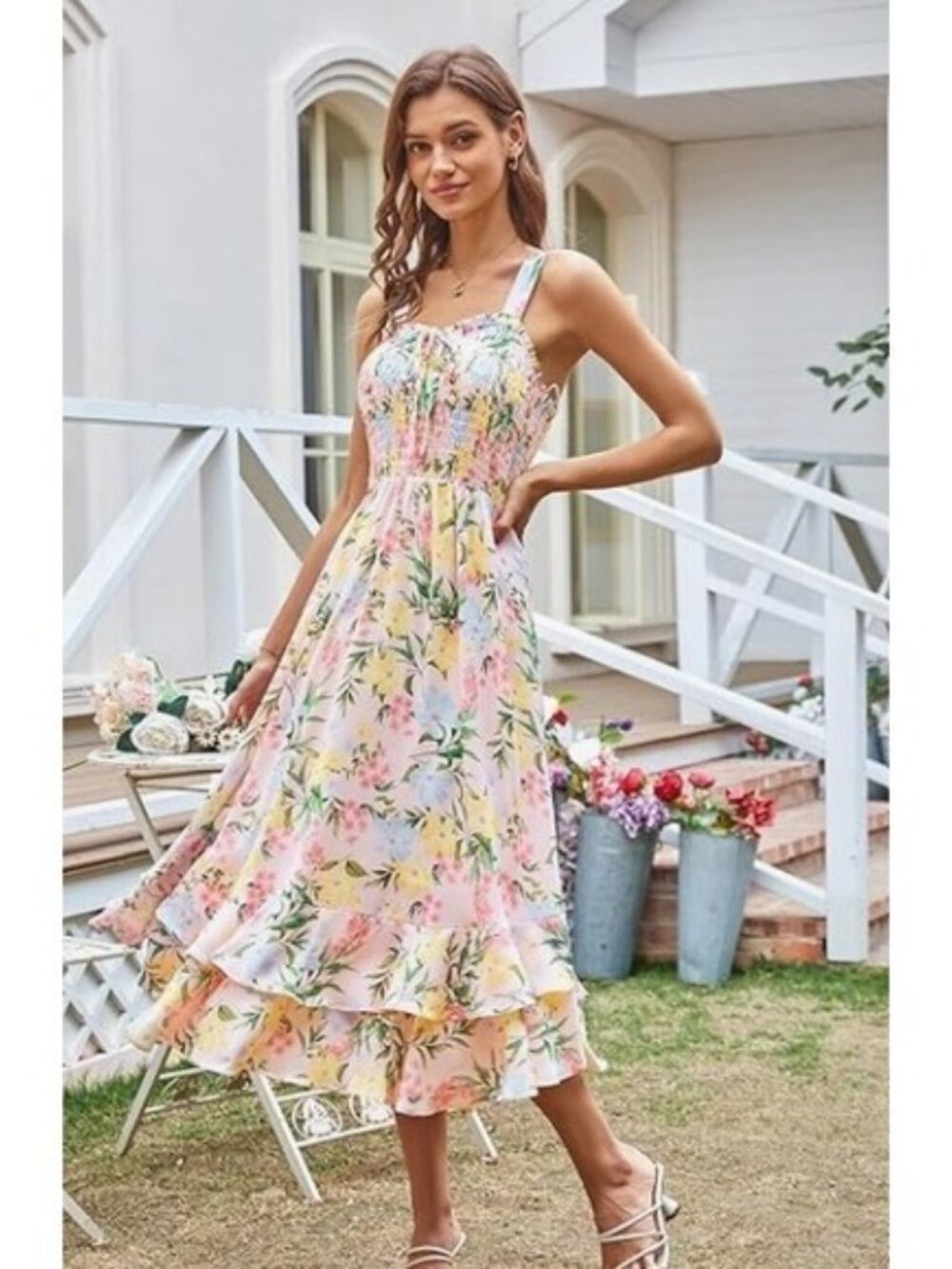 Grace Karin Floral Smocked Midi Dress Sleeveless Ruffle Hem Pink Pastel Sz L